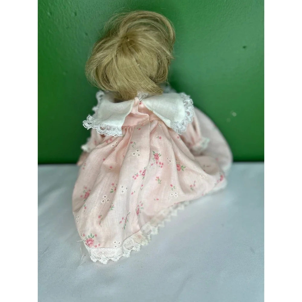 Vintage Porcelain Baby Doll Pink Floral Eyelet Lace Dress Blonde Hair Brown Eyes